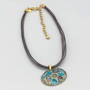 EUC Chico's Teal Blue Patterned Enameled Necklace